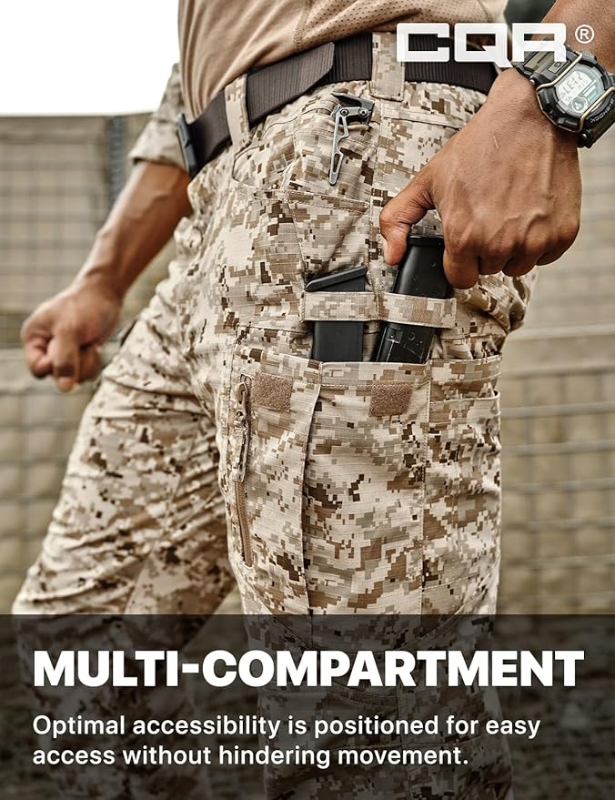 CQR Men's Flex Stretch Tactical Pants, Water Resistant Ripstop Cargo Pants, Lightweight EDC Outdoor Work Hiking Pants