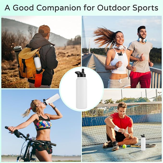 DOMICARE 40 oz Insulated Water Bottle, Vacuum Insulated Stainless Steel Sports Water Bottle with Straw Lid & Spout Lid, Leakproof, Reusable - Travel, Camping, Bike, White