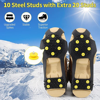 Ice Cleats Snow Grips, Non-Slip Traction Crampons 10 Steel Studs with Extra 20 Replacement Studs, for Shoes/Boots, Snow Ice Walking