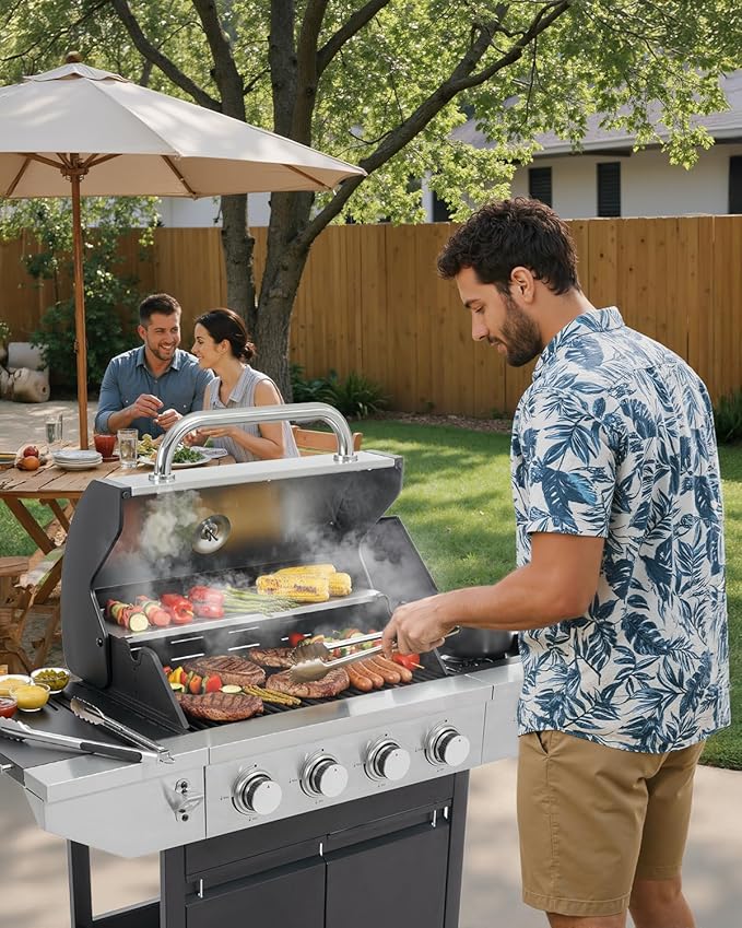 4-Burner Propane Gas BBQ Grill with Side Burner, 46,500 BTU Output Stainless Steel Barbecue Grill with Enameled Cast Iron Grates and Side Tables for Outdoor Cooking Kitchen and Patio Backyard