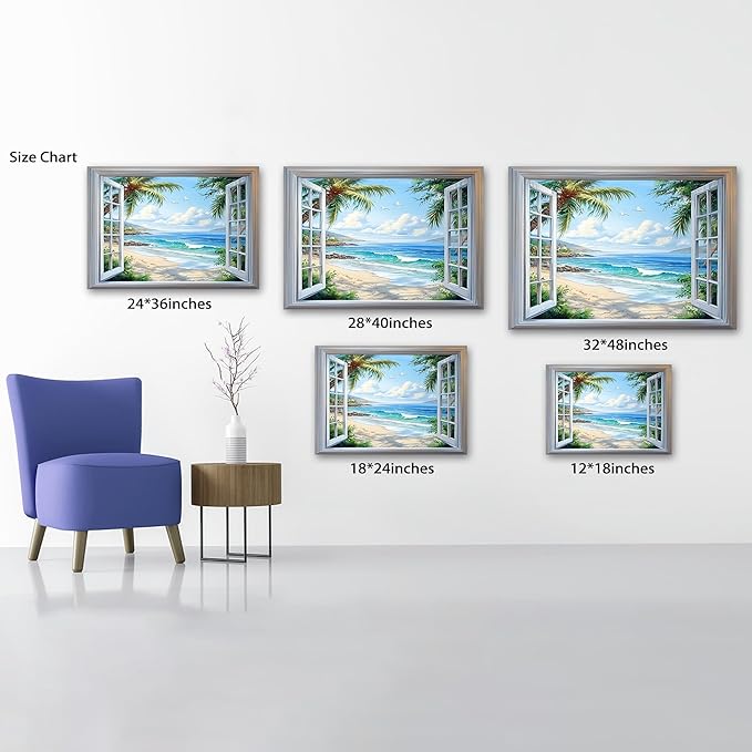ANRUOXI Beach Wall Art, Blue Ocean Canvas Prints Wall Decor, Window Frame Style Sea Canvas Wall Decor, Ocean Seaside Painting, Nature Coastal Landscape Framed Artwork for Living Room Office 24x36 Inch