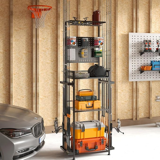 SOYEEZE Large Size Fishing Rod Holders for Garage, Heavy Duty 4-Tier Fishing Pole Rack Holds up to 12 Rods with Pegboard and Hooks, Fishing Gear Organizer, Fishing Storage Cart with Lockable Wheels