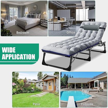 LILYPELLE Portable Folding Camping Cot, Adjustable 4-Position Adults Reclining Chaise with Pillow, Outdoor Portable Lounge Chair Sleeping Cot for Camping, Pool, Beach, Patio