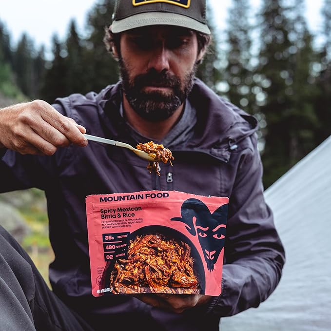 BIGHORN Mountain Food Spicy Mexican Birria and Rice - contains 6 packs | 12 servings | 210g Protein | 2,940 Calories - premium freeze dried meals for backpacking food - dehydrated camping food for backpacking meal - just add water - great taste