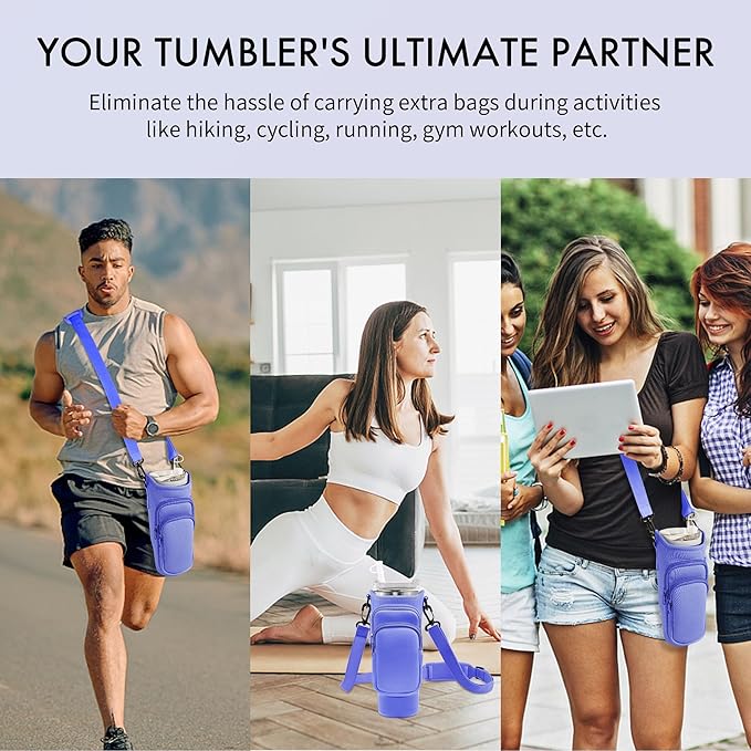 Water Bottle Carrier Bag with Phone Pocket for Stanley Cup 40/30 oz, Water Bottle Holder with Adjustable Strap& Straw Cover, Stanley Cup Accessories