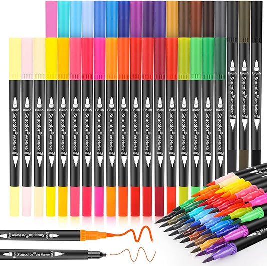 Soucolor Art Brush Markers Pens for Adult Coloring Books, 36 Colors Numbered Dual Tip (Brush and Fine Point) Marker Pen for Kids Note taking Planner Hand Lettering Calligraphy Drawing Journaling
