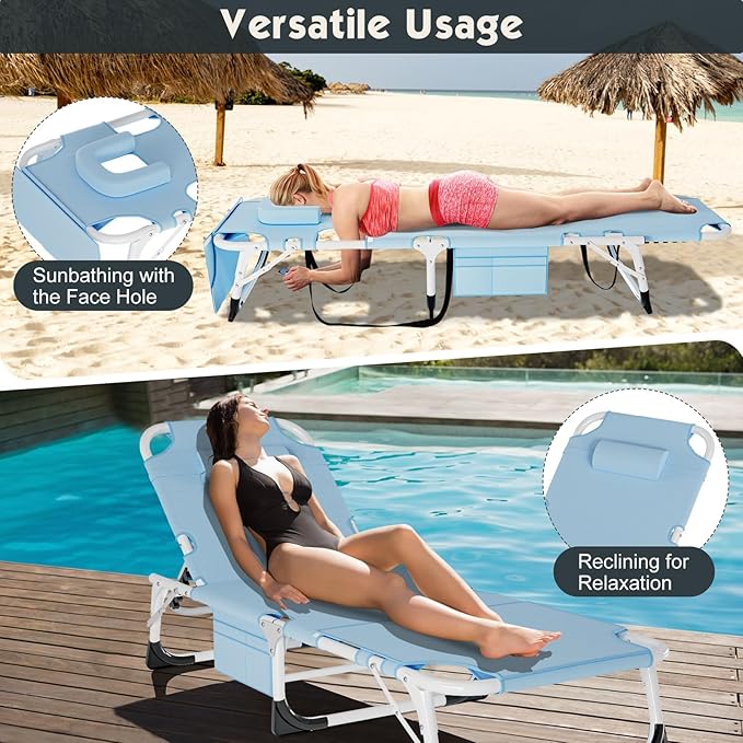 MOPHOTO Tanning Chair, Outdoor Sunbathing Lounge Chair 5-Position, Folding Chaise Lounger, Sun Tanning Lounger with Face Hole, Perfect for Pool Beach Patio