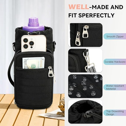Water Bottle Carrier Bag with Strap, Sling Bag for Walking, Hiking, Cycling, Black, 40 Ounces