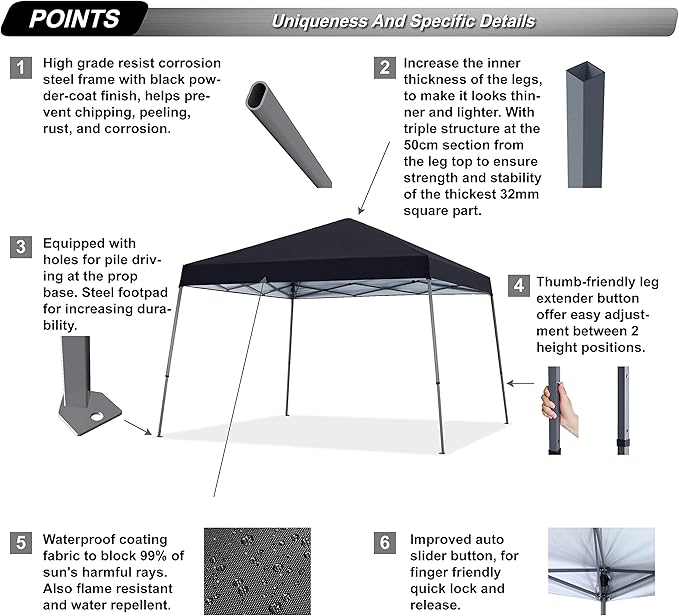 ABCCANOPY Stable Pop up Outdoor Canopy Tent 12 x 12 ft Base / 10 x 10 ft Top, Black