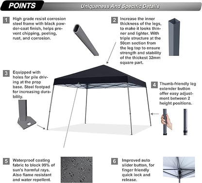 ABCCANOPY Stable Pop up Outdoor Canopy Tent 12 x 12 ft Base / 10 x 10 ft Top, Black