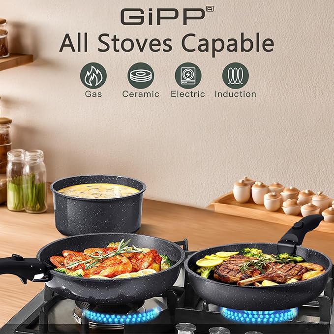 GiPP Ceramic Non Stick Pots and Pans Set,Nonstick Detachable Handle Cookware Sets,Healthy Non Toxic PFAS PFOA & PTFE Free, Dishwasher ＆Oven Safe, Induction Kitchen Pot and Pan, 8 Piece Grey
