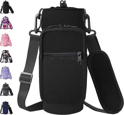 32 40 oz Water Bottle Carrier with Strap, Neoprene Water Bottle Sleeve Bag with 2 Pockets Insulated Flask Sling Holder for Walking Hiking Gym