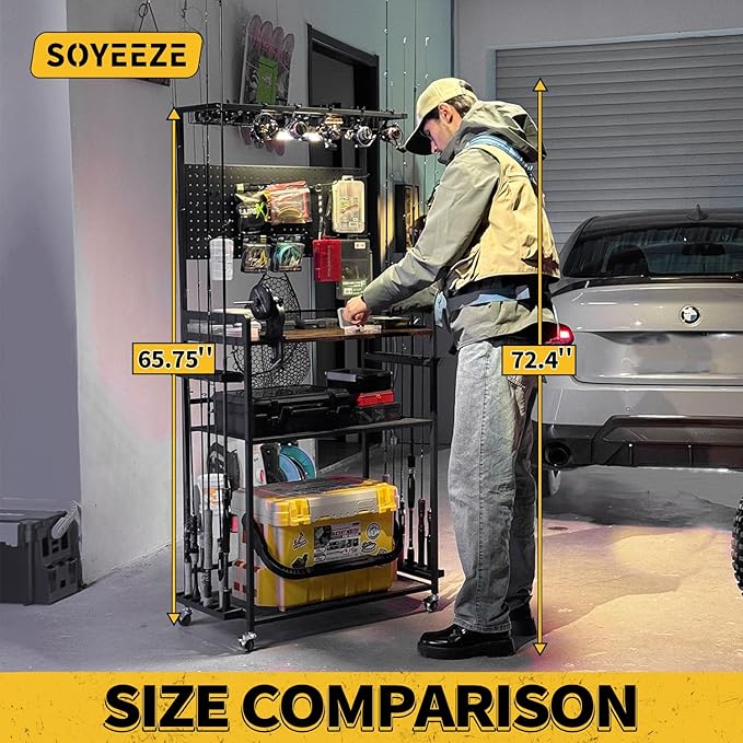 SOYEEZE Large Size Fishing Rod Holders for Garage, Heavy Duty 4-Tier Fishing Pole Rack Holds up to 12 Rods with Pegboard and Hooks, Fishing Gear Organizer, Fishing Storage Cart with Lockable Wheels