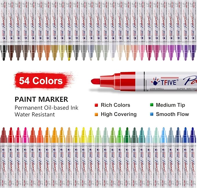 TFIVE Paint Markers Pens - 54 Colors Medium Tip Markers, Permanent, Waterproof & Quick Dry, Paint Pen for Metal, Wood, Fabric, Plastic, Rock Painting, Mugs, Canvas, Glass, Art Craft