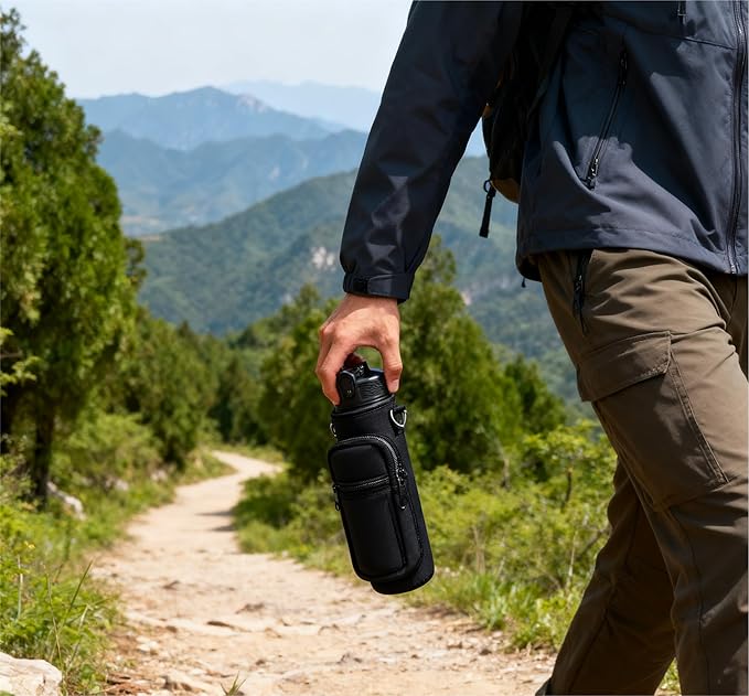 Insulated Water Bottle Holder Sling Bag with Phone Pocket, Adjustable Crossbody Strap for Walking, Hiking, Camping, Fishing