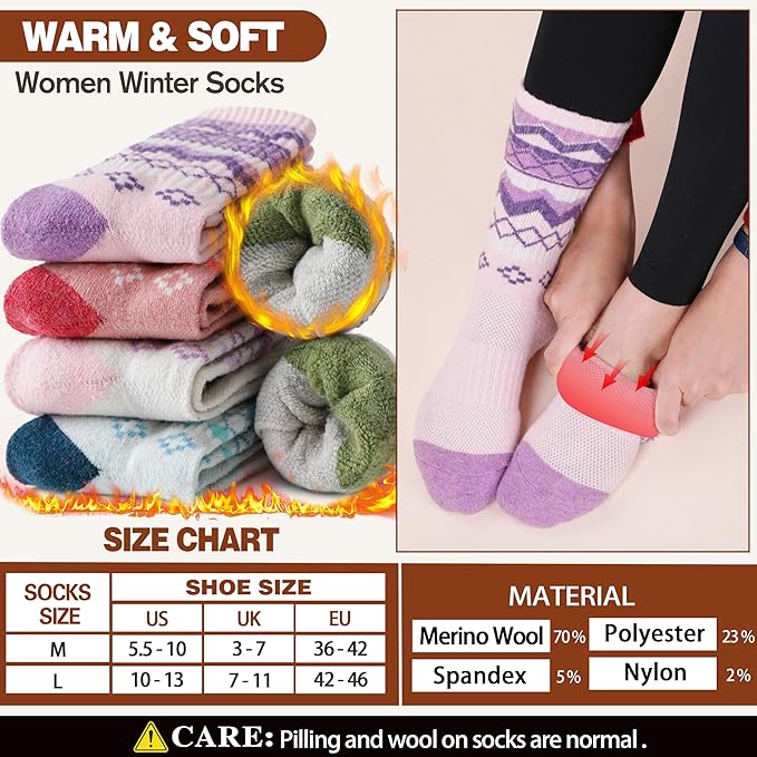 EBMORE Womens Merino Wool Hiking Socks Thermal Warm Winter Crew Cushion Work Boot Outdoor Socks 5 Pairs