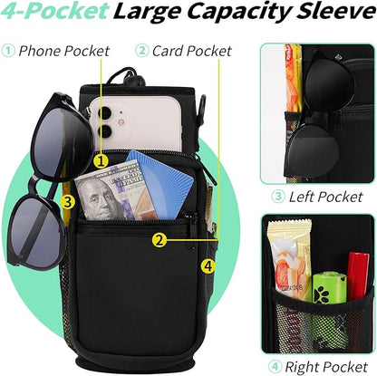 32/40/64/87/128 oz Water Bottle Carrier Bag, Neoprene Water Bottle Sleeve with 4 Pocket, Sport Water Holder with Paracord Handle and Shoulder Strap for Walking Hiking Camping Gym