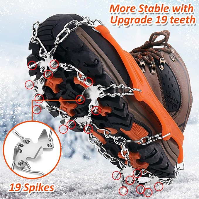 WIN.MAX Crampons for Shoes, Traction Cleats Ice Snow Grips with 19 Stainless Steel Spikes, Shoe Talons Anti - Slip Boots Spikes for Walking, Jogging, Climbing and Hiking