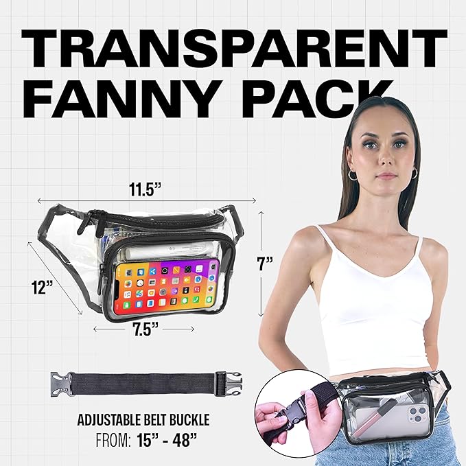 Clear Fanny Pack Belt Bag – Stadium Approved Waist Pack for Men & Women, Crossbody Bum Bag for Travel, Hiking, Running