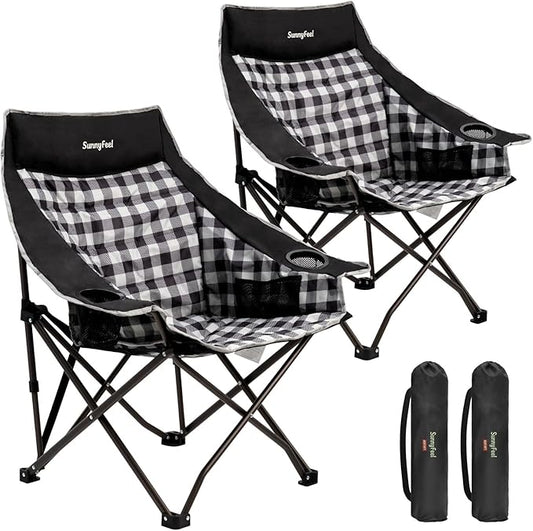 SUNNYFEEL 2 Pack Heavy Duty Camping Chairs for Adults Portable Oversized Folding Chair with Side Pockets & Cup Holde for Fishing,Trip,Picnic,Lawn,Concert Outdoor, Carry Bag Included
