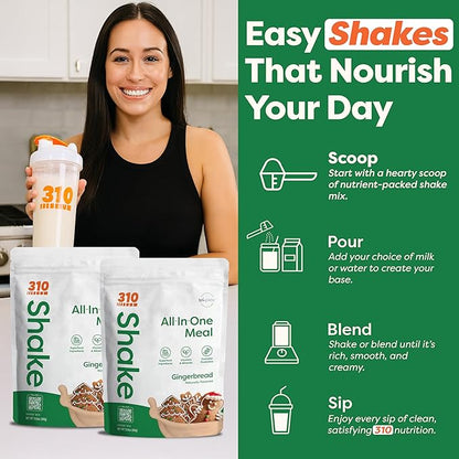 310 Nutrition All-In-One Meal Replacement Shake Powder - Plant-Based Protein Smoothie Blend w/High Fiber, Probiotics & Adaptogens - Low Carb, Vegan, Keto & Paleo Friendly - Gingerbread - 14 Srv