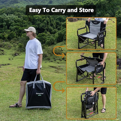 SUNNYFEEL Oversized Camping Directors Chair Blue Portable Folding Chair for Adults Support 600lbs with Side Pocket and Side Table for Beach, Fishing, Trip, Picnic, Lawn, Outdoor Foldable Camp Chairs