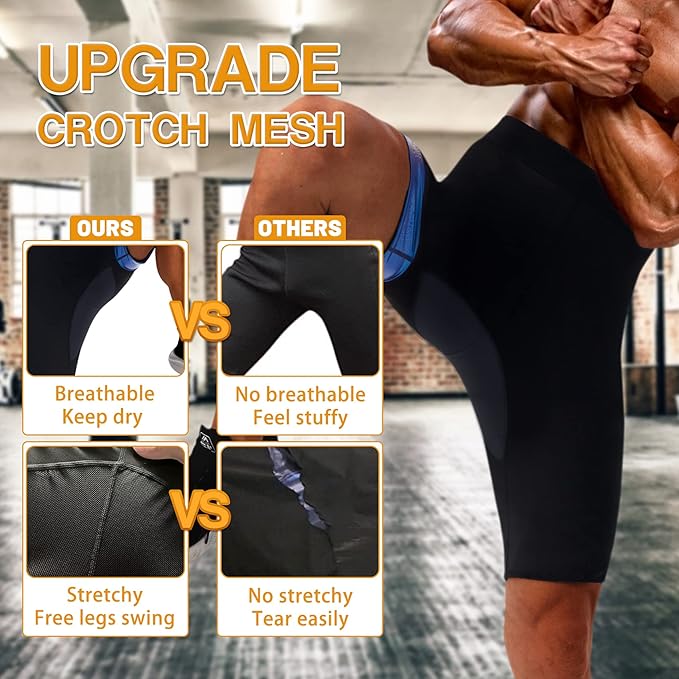 Men Sauna Pants Sweat Leggings Thermo Capris Slimming Tights Heat Trapping Suit,Humanized Mesh Crotch,High Waist