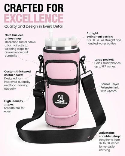 Sports rabbit Universal Water Bottle Holder – Durable Oxford & Neoprene Hybrid Design Compatible with Stanley 30/40oz Handled & 64/87oz Straight Tumblers, Adjustable Strap for Gym, Travel, Outdoors