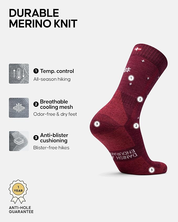 DANISH ENDURANCE Merino Wool Hiking Crew Socks for Men & Women, Cushioned Anti-Blister, Breathable - 3 Pairs