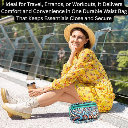 Yewande&co Neoprene Fanny Pack Belt Bag – Lightweight Waterproof Waist Bag with Adjustable Strap, 3 Zippered Pockets, Crossbody Belt Bag for Travel, African Design Crossbody Bags (Campfire)