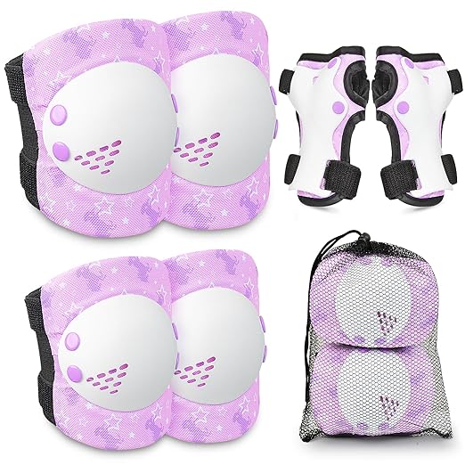 Knee Pads for Kids Girls Protective Gear Set Adjustable Knee Pads and Elbow Pads Set with Wrist Guard for Girls Kids Toddler Roller Skates Bike Cycling Skateboard Scooter (Purple Unicorn)