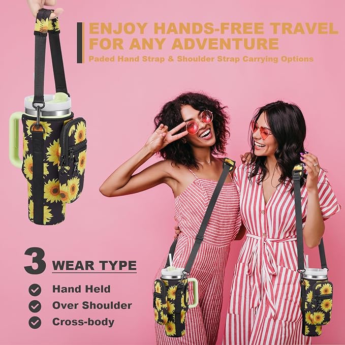 Water Bottle Carrier Bag with Phone Pocket for Stanley 40 & 30 oz Tumbler with Handle,Pink Insulated Neoprene Cup Holder Pouch w/Adjustable Strap for Quencher H2.0 Stanley Cup Accessories