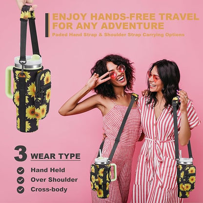 Water Bottle Carrier Bag with Phone Pocket for Stanley 40 & 30 oz Tumbler with Handle,Pink Insulated Neoprene Cup Holder Pouch w/Adjustable Strap for Quencher H2.0 Stanley Cup Accessories