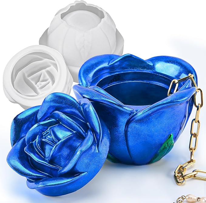 Epoxy Resin Storage Box Silicone Molds Rose Shape Candle Jar with Lid Concrete Mould Cement Planter Candle Vessels Candlestick Craft Gift Mold Resin Jar Molds Jewelry Container Flowerpot Casting Mould