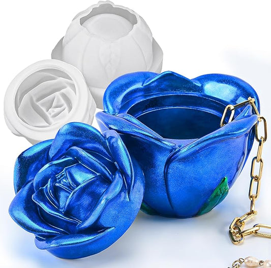 Epoxy Resin Storage Box Silicone Molds Rose Shape Candle Jar with Lid Concrete Mould Cement Planter Candle Vessels Candlestick Craft Gift Mold Resin Jar Molds Jewelry Container Flowerpot Casting Mould