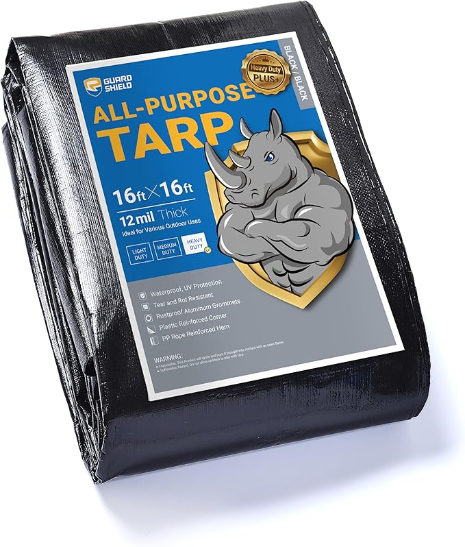 GUARD SHIELD Heavy Duty Tarp 16x16 Feet Black Tarp Large Outdoor Tarps Waterproof with Grommets Cover 12mil