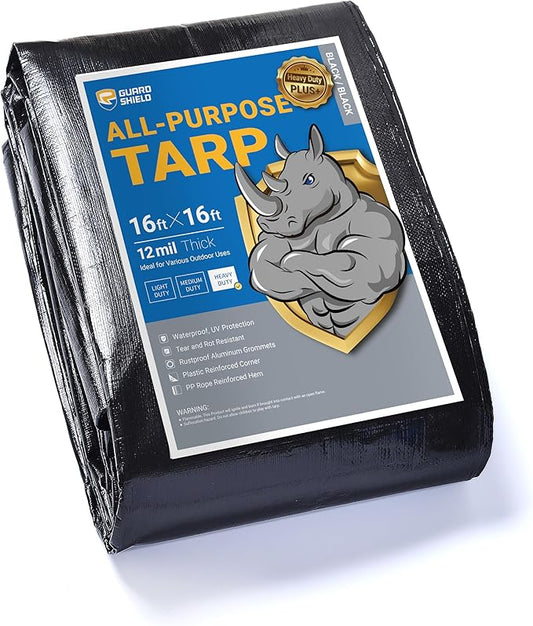 GUARD SHIELD Heavy Duty Tarp 16x16 Feet Black Tarp Large Outdoor Tarps Waterproof with Grommets Cover 12mil