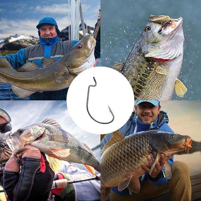 UCEC Fishing Hooks, 140PCS/ 100PCS/ 60PCS EWG Offset Worm Hooks Bass Hooks Wide Gap 2X Strong Senko Bait Texas Rig Jig Fish Hooks for Bass Trout Saltwater Freshwater Size:#4#2#1 1/0 2/0 3/0 4/0 5/0