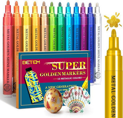 Betem Super Golden Metallic Paint Markers, 12 Colors Metallic Paint Pen Scrapbook Supplies, 2-3mm Medium Tips Glitter Markers for Black Paper, Rock Painting, Ceramic, Wood, Christmas Gifts DIY Crafts