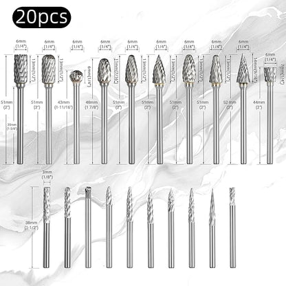 CATITO 20Pcs Carbide Burr Set 1/8" Shank Die Grinder Bits Rotary File Rasp Attachments Cutting Burrs Metal Grinding Engraving Porting