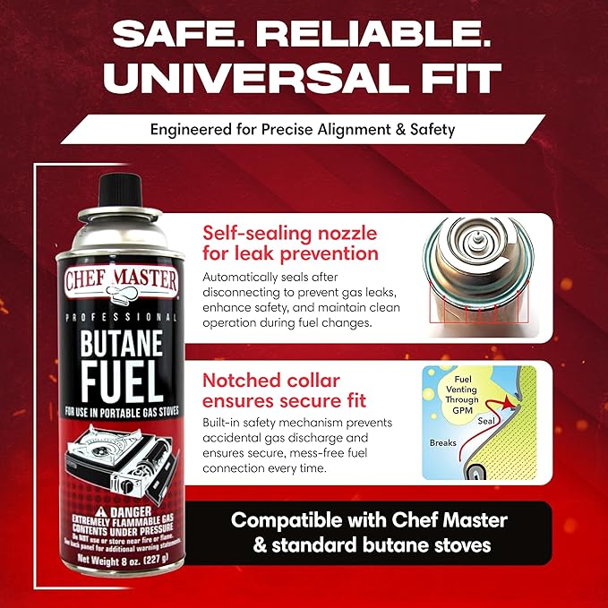 Chef Master 24x 8oz Butane Fuel Canister - Butane Fuel for Camping Stove & Kitchen Torch - Gas Canister for Picnics, Outdoor Cooking, Grilling - Camping Stove, Torch Fuel Camping Essentials - 90340