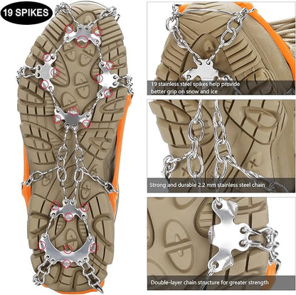 Crampons 19 Spikes with Stainless Steel Chain Ice Snow Grips Traction Cleats System Safe Protect for Walking, Jogging, Climbing, Hiking on Snow and Ice, Boots Chains for Women Men