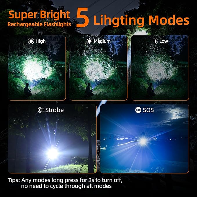 SuperFire Rechargeable Flashlights Bright Lumens, 5 Modes & Memory Function with 3000mAh Removable Battery, USB-C Zoomable & Waterproof, Perfect for Home Use