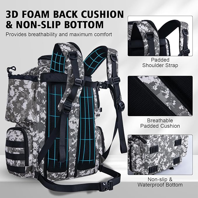 Goture Fishing Backpack, 900D Water-Resistant Tackle Backpack with Rod Holders, 45L Large Fishing Bag Storage Gear Tackle Bag with 8 Lure Pockets, Rain Cover for Camping Hiking(Without Tackle Box)