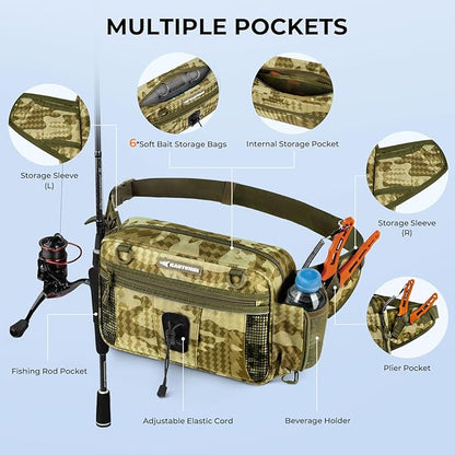 KastKing BaitSpace Waist Bag – Waterproof Tackle Storage Bag With Adjustable Belt, Fishing Fanny Pack for Men, Soft Bait Organizer, 3600 Utility Box, Rod Holder, Nylon