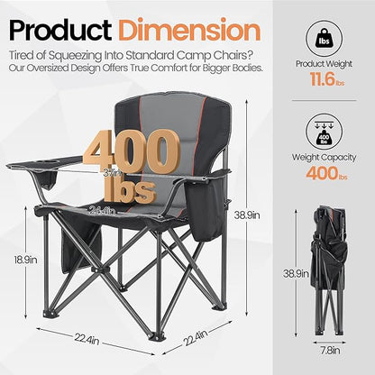 2 Pack Heavy Duty Oversized Camping Chair for Adults 400lbs w/Lumbar Support - Folding Chairs with Side Pocket, Cup Holder & Cooler Bag for Beach, Fishing, Lawn, Backyard Black