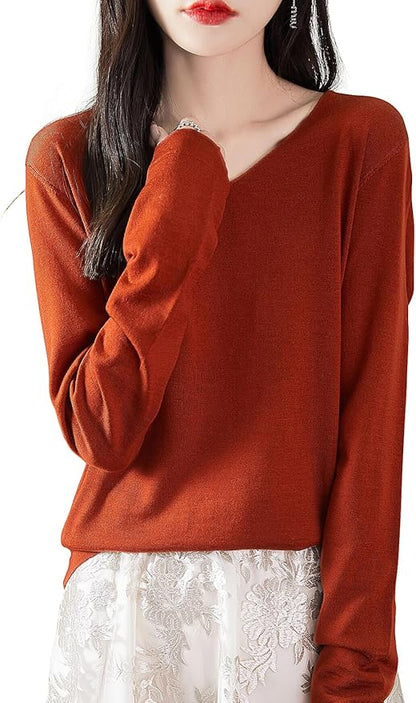 Chanyarn Women's 100% Merino Wool Base Layer Shirt Tops V Neck Long Sleeve Travel Hiking Tee T Shirt Pullover Sweater