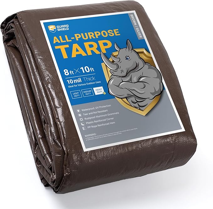 GUARD SHIELD Tarps Heavy Duty Waterproof 8x10 Feet Brown/Bright Silver Poly Tarp Cover Outdoor Thick UV Resistant Tarpaulin with Grommets 10mil