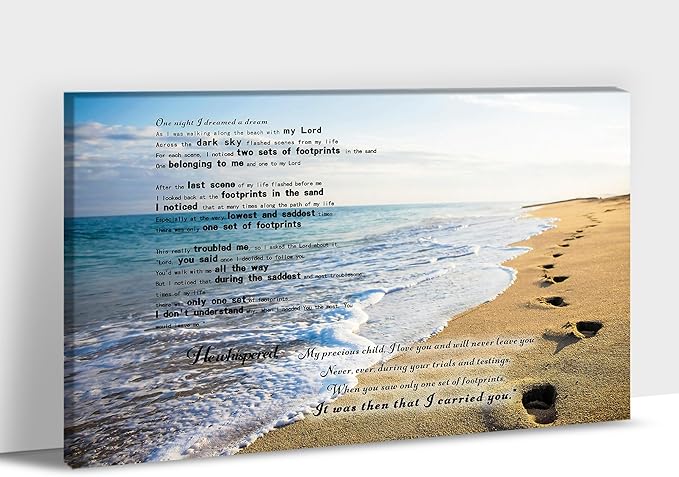Footprints in the Sand Canvas Prints Wall Art, Footprints in the Sand Wall Art Decor, Inspirational Christian Poem Wall Poster Gift, Beach Picture Wall Art for Living Room Beach Office 24"Hx36"WInches