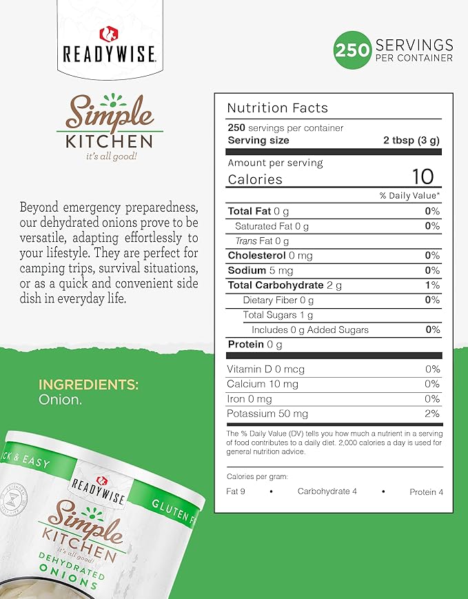 Simple Kitchen Dehydrated Chopped Onions - 250 Servings for Family Meal Prep, Gluten Free & Freeze Dried Survival Just Add Water Canned Food, for Camping Meals, Backpacking & Hiking, #10 Can Package